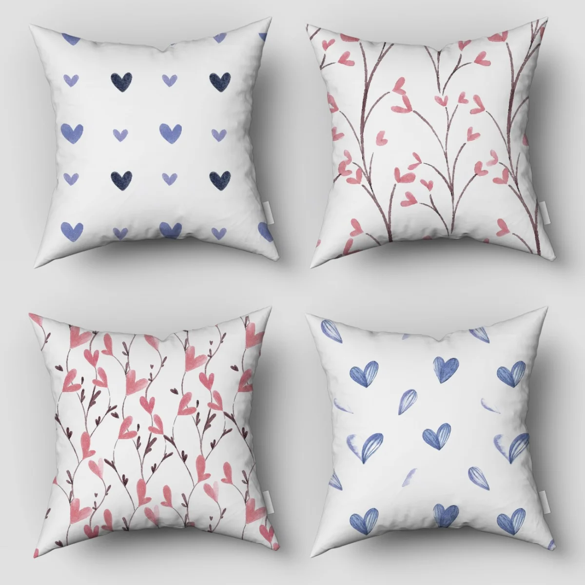 Kalpler 4lü Kırlent | Beyaz Kalpler, dallar Desenli