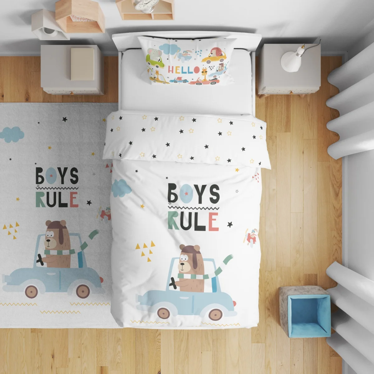 Hayvanlar ve araçlar Çift Taraflı Nevresim | Beyaz Bulutlar, yıldızlar Desenli