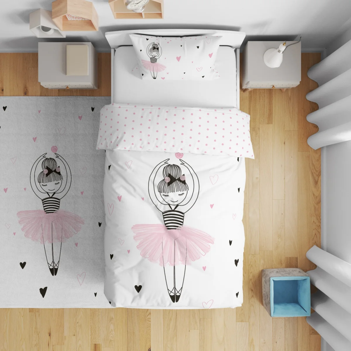 Balerin Çift Taraflı Nevresim | Beyaz Kalpler, yazı Desenli