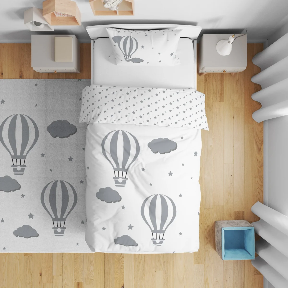 Sıcak Hava Balonları Çift Taraflı Nevresim | Gri yıldız, bulut Desenli