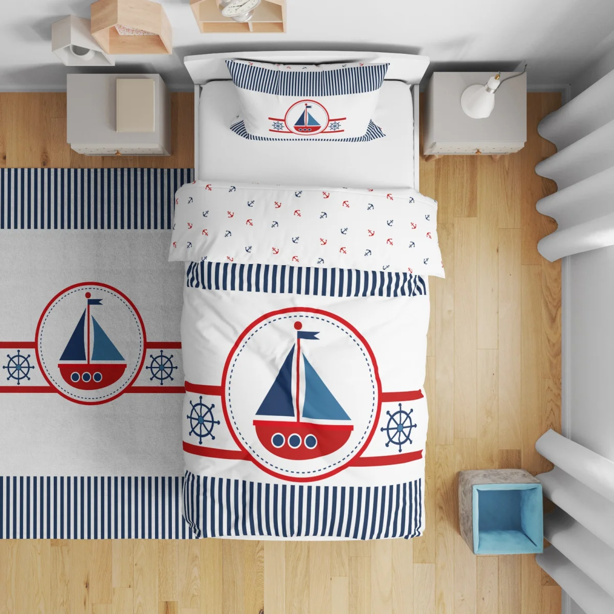 Yelkenli Gemi Çift Taraflı Nevresim | Beyaz yelkenli gemi, gemi dümeni Desenli