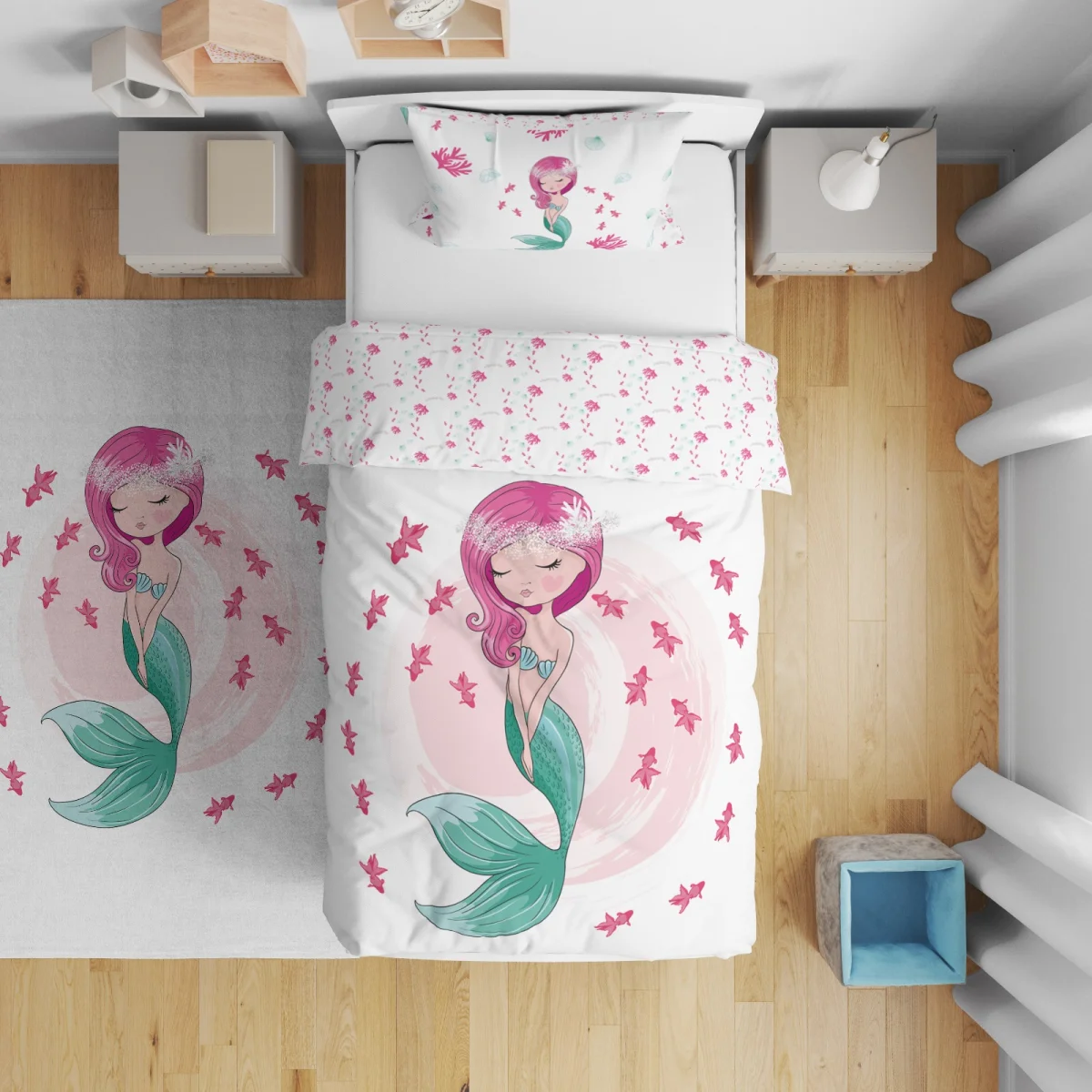 Deniz Kızı Çift Taraflı Nevresim | Pembe küçük pembe balıklar, mercanlar Desenli