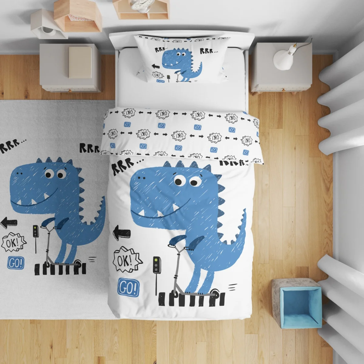 Dinozor Çift Taraflı Nevresim | Gri scooter, trafik ışığı Desenli