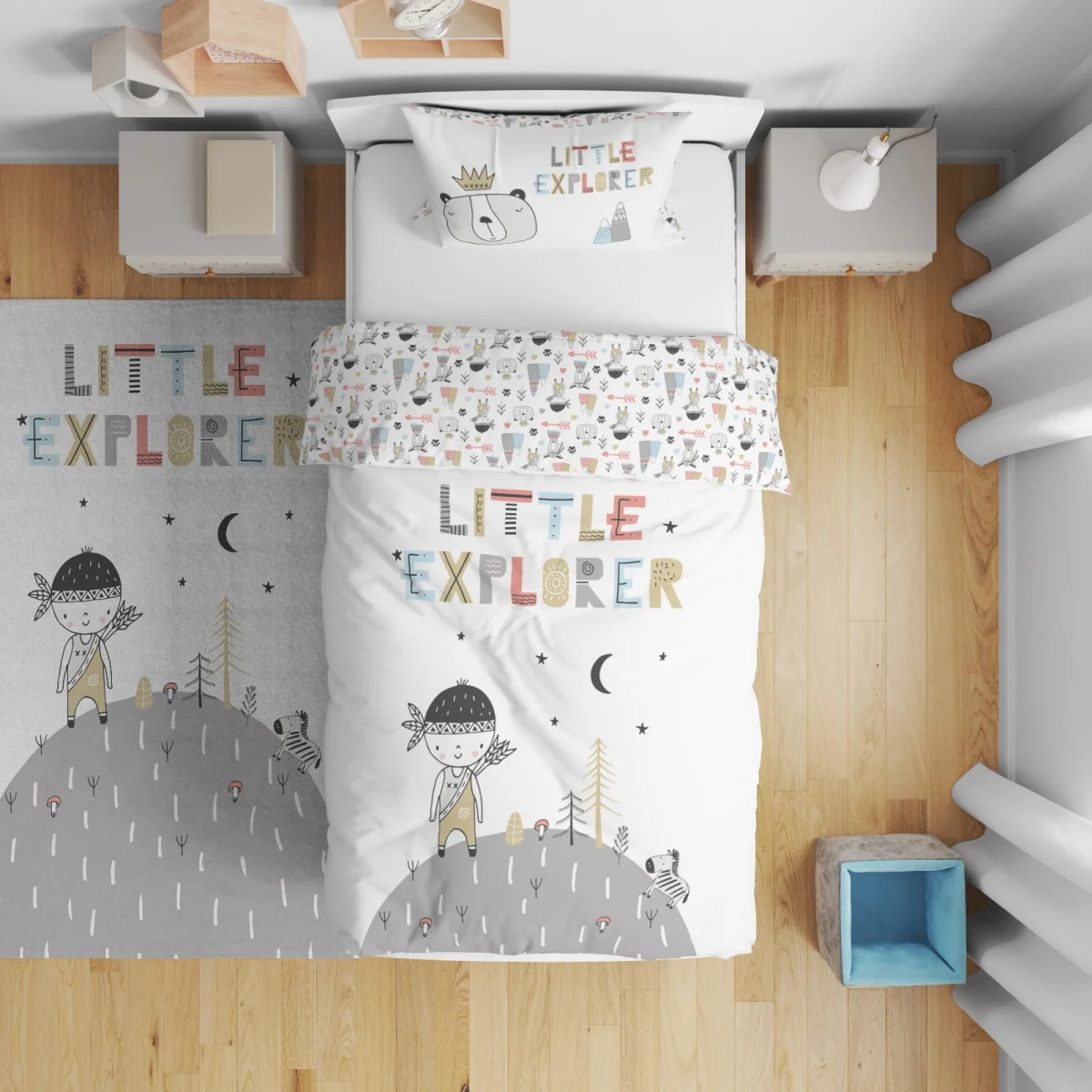 Kaşif ve Hayvanlar Çift Taraflı Nevresim | Beyaz yıldız, ay Desenli