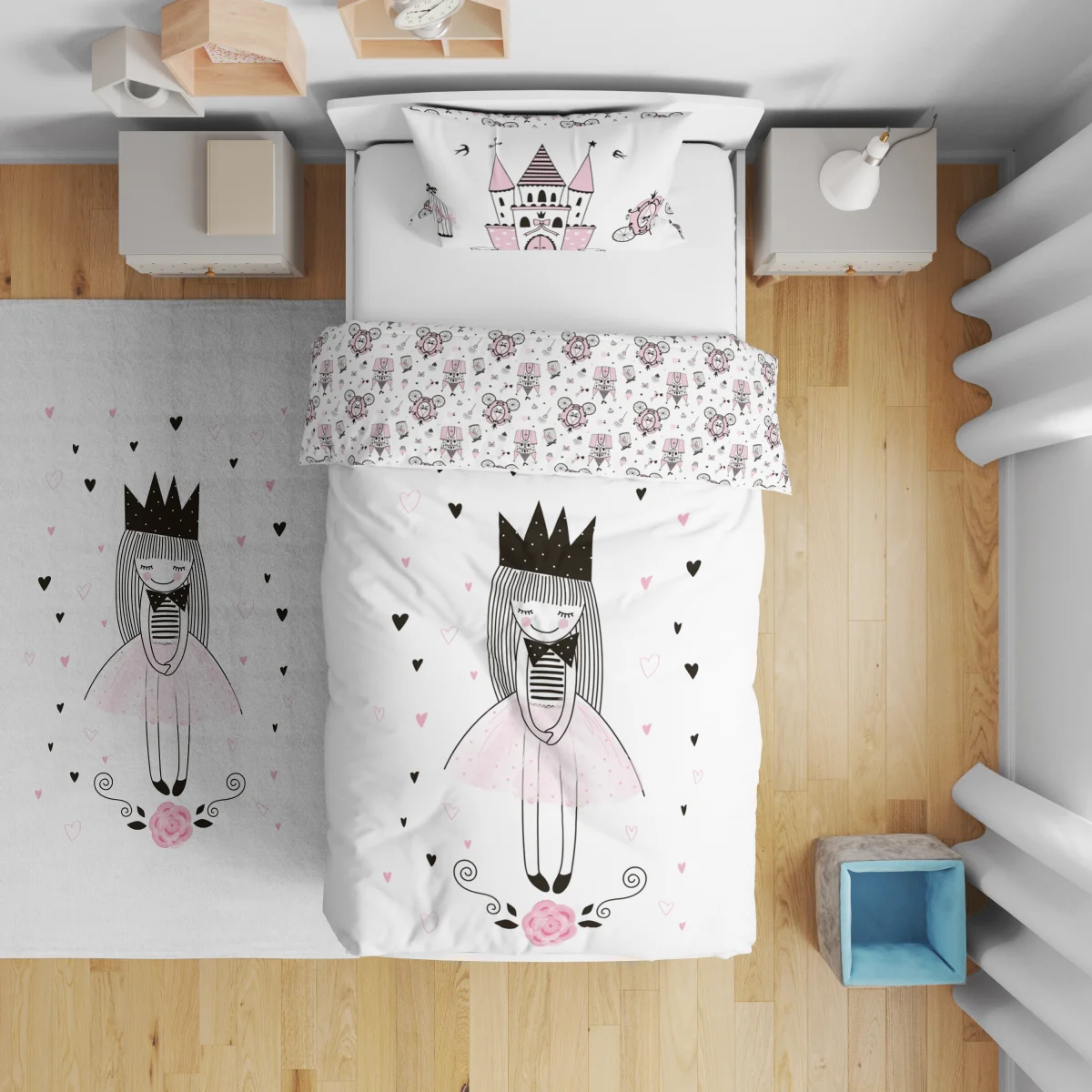 Prenses Çift Taraflı Nevresim | Beyaz Kalpler, kale Desenli