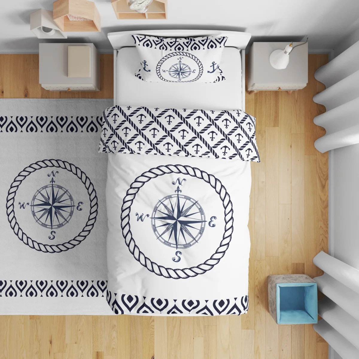 Denizci Çift Taraflı Nevresim | Beyaz Çapa, pusula Desenli