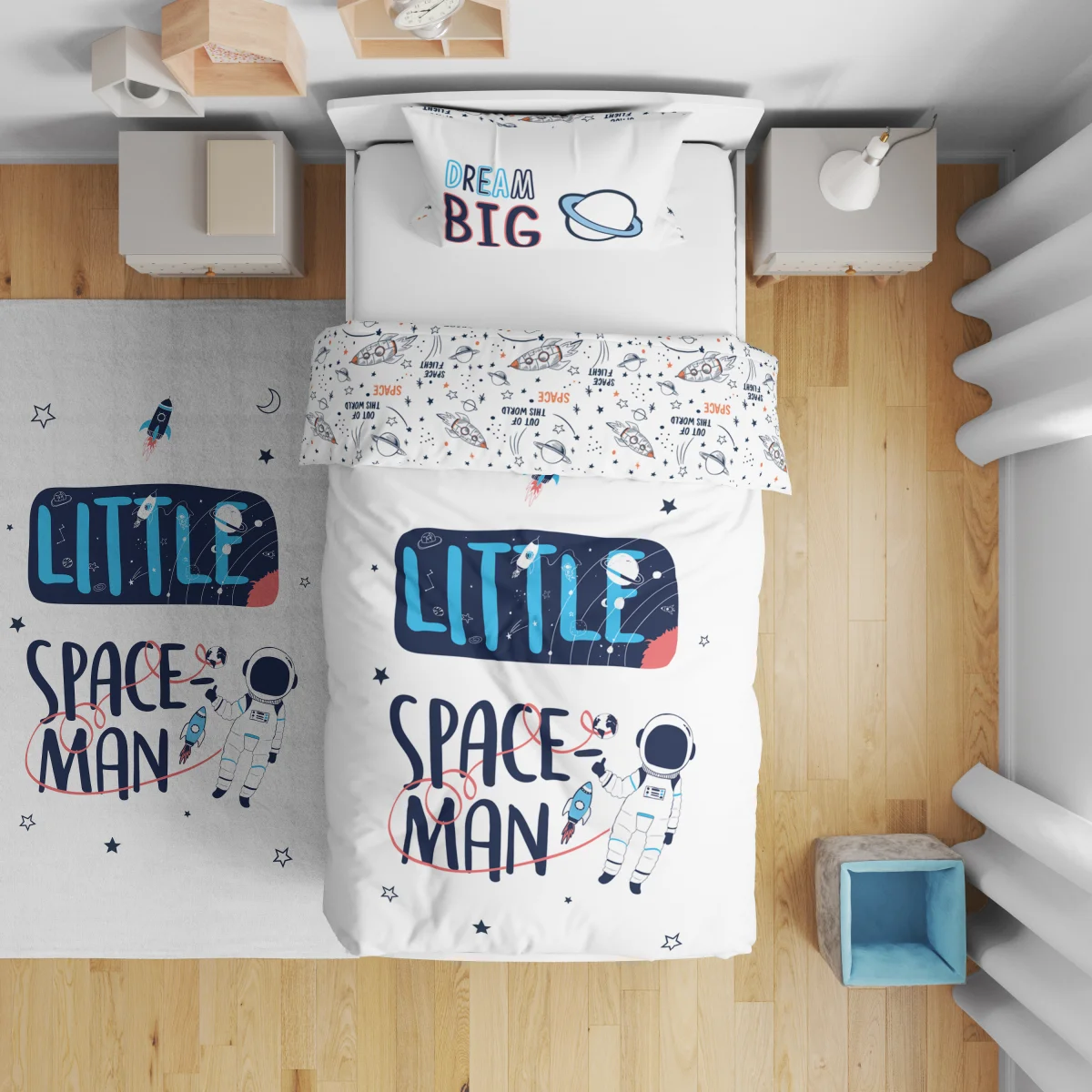 Uzay Çift Taraflı Nevresim | Beyaz yıldız, gezegen Desenli