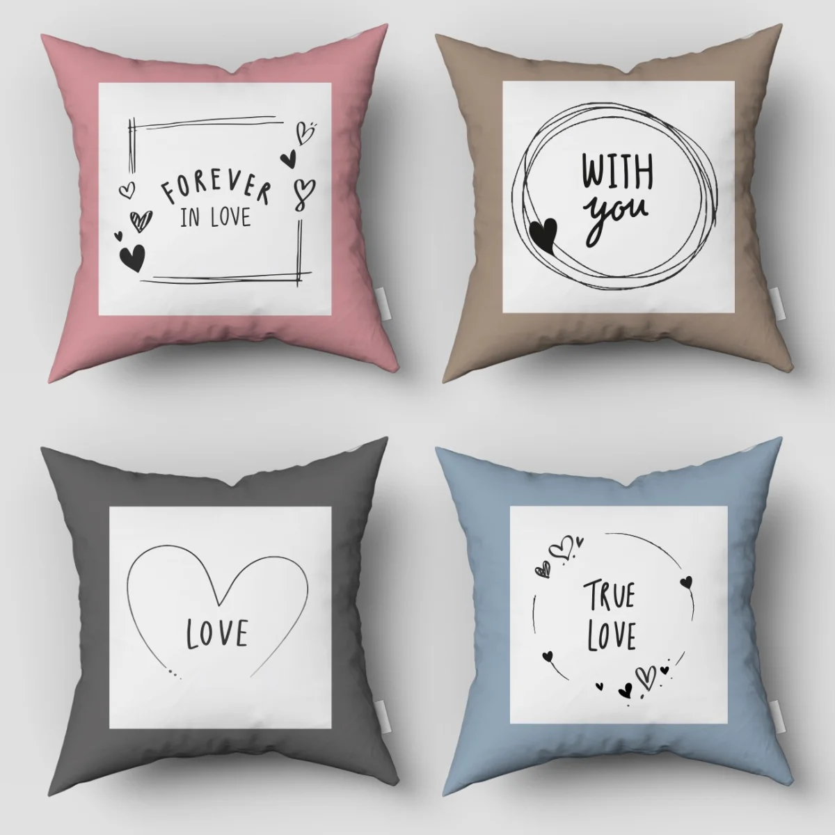 Aşk 4lü Kırlent | Çok Renkli Kalpler, el çizimi Desenli