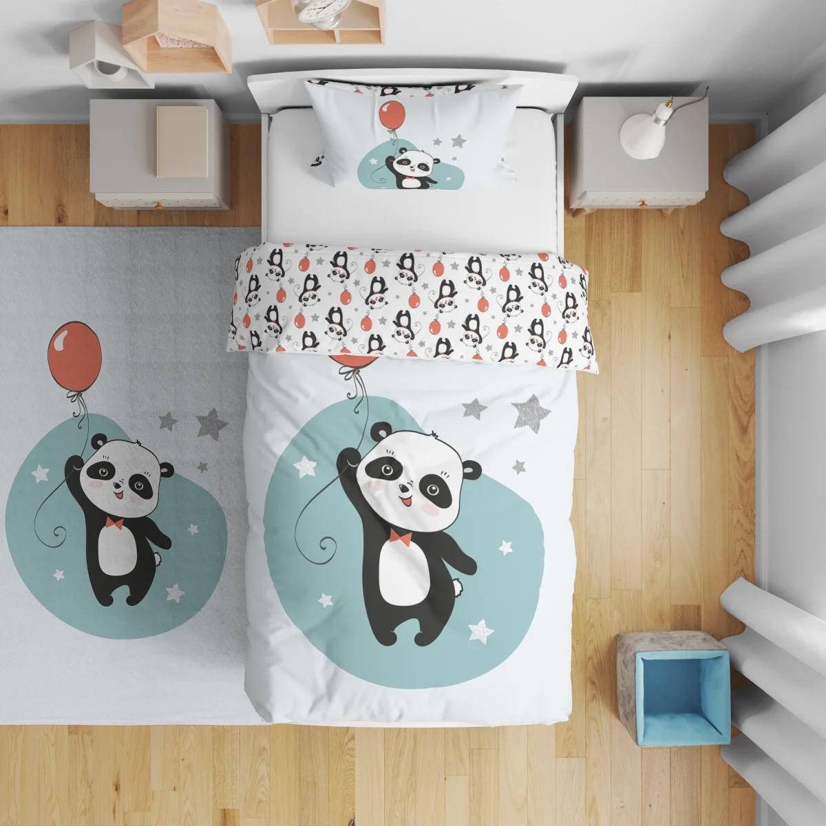 Panda Çift Taraflı Nevresim | Açık Mavi balon, yıldız Desenli