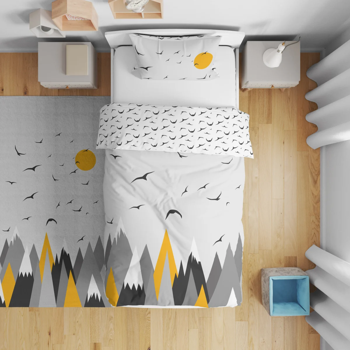 Dağ Manzarası ve Kuşlar Çift Taraflı Nevresim | Beyaz dağlar, kuşlar Desenli