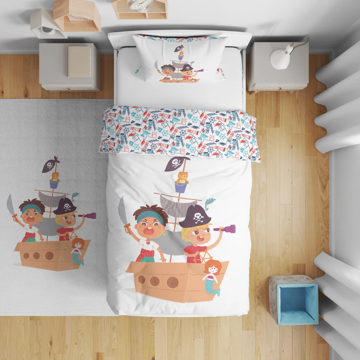 Zürafa Çift Taraflı Nevresim | Beyaz gökkuşağı gözlük, İngilizce yazı Desenli