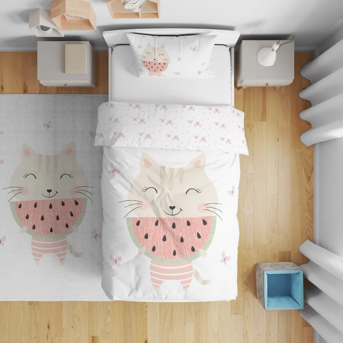 Zürafa Çift Taraflı Nevresim | Beyaz gökkuşağı gözlük, İngilizce yazı Desenli