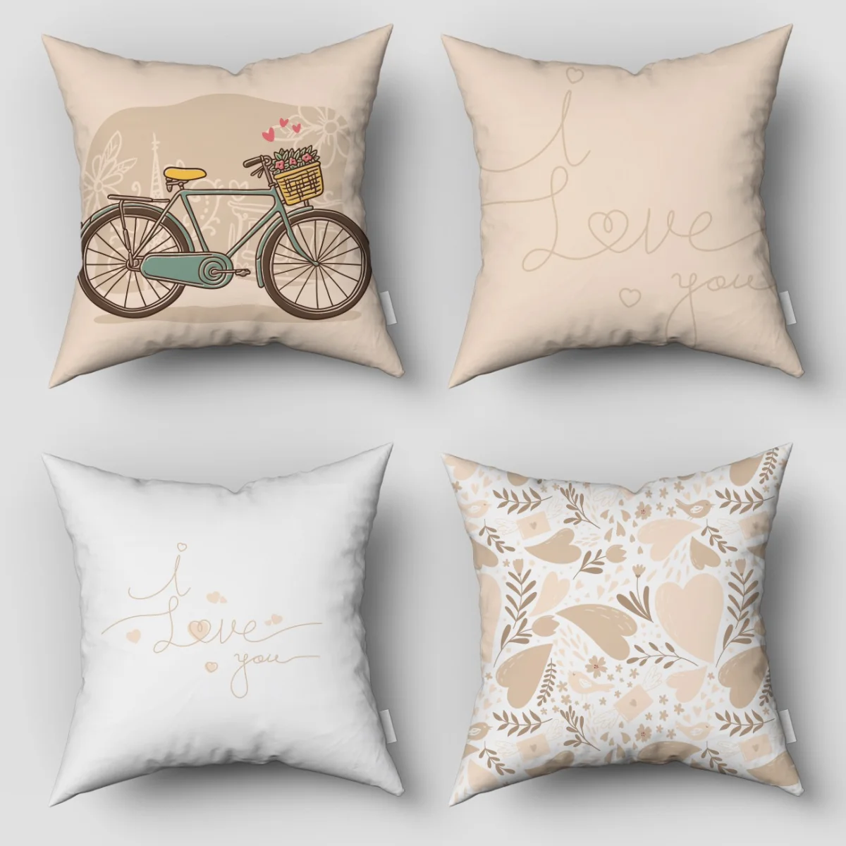 Aşk & Kalp 4lü Kırlent | Bej bisiklet, kalpler Desenli