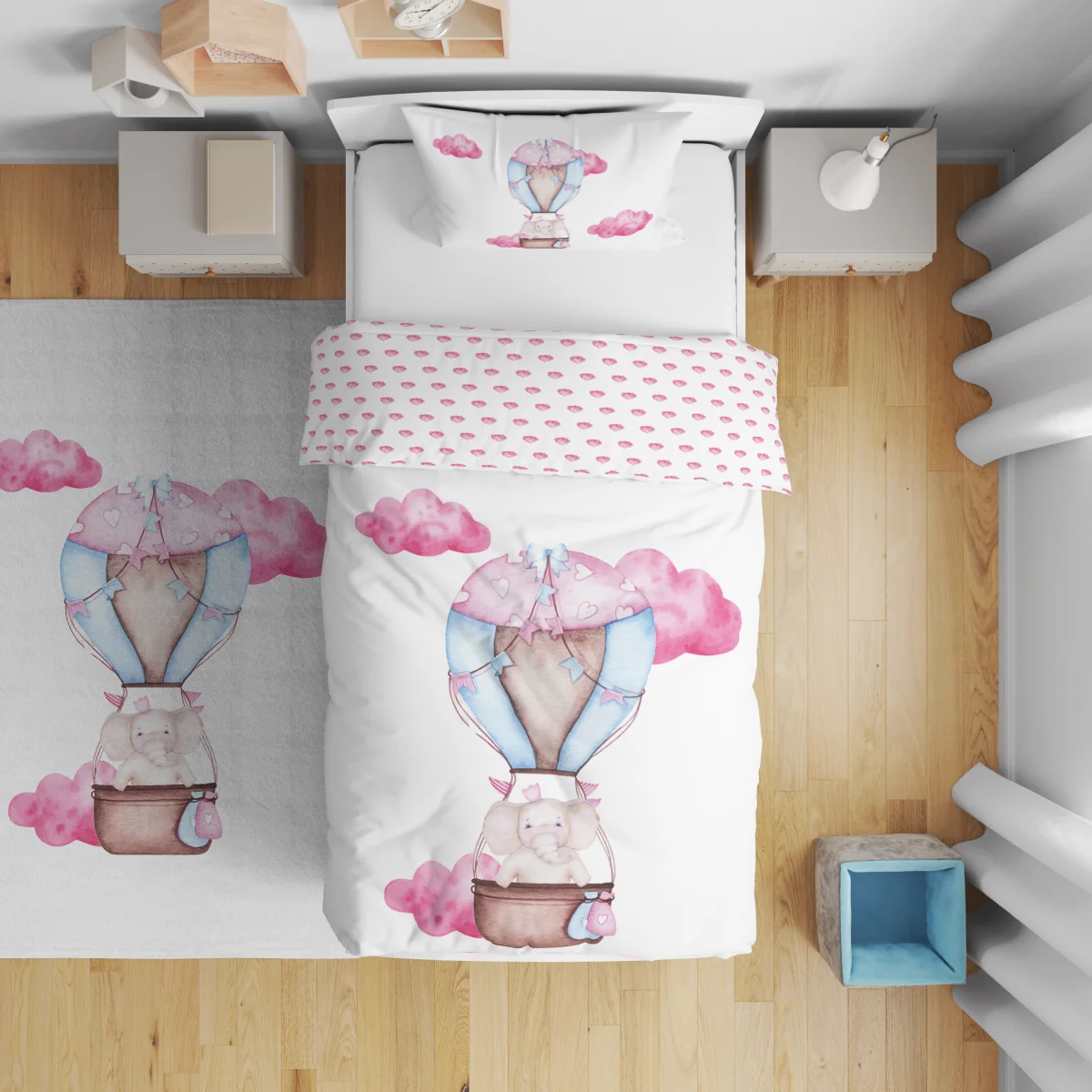 Fil, Sıcak hava balonu Çift Taraflı Nevresim | Beyaz pembe bulut, kalp Desenli