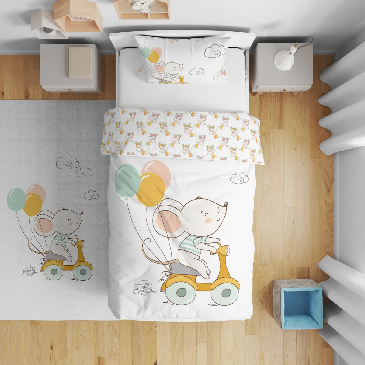 Fare, Scooter, Balonlar Çift Taraflı Nevresim | Açık Gri bulut, balonlar Desenli