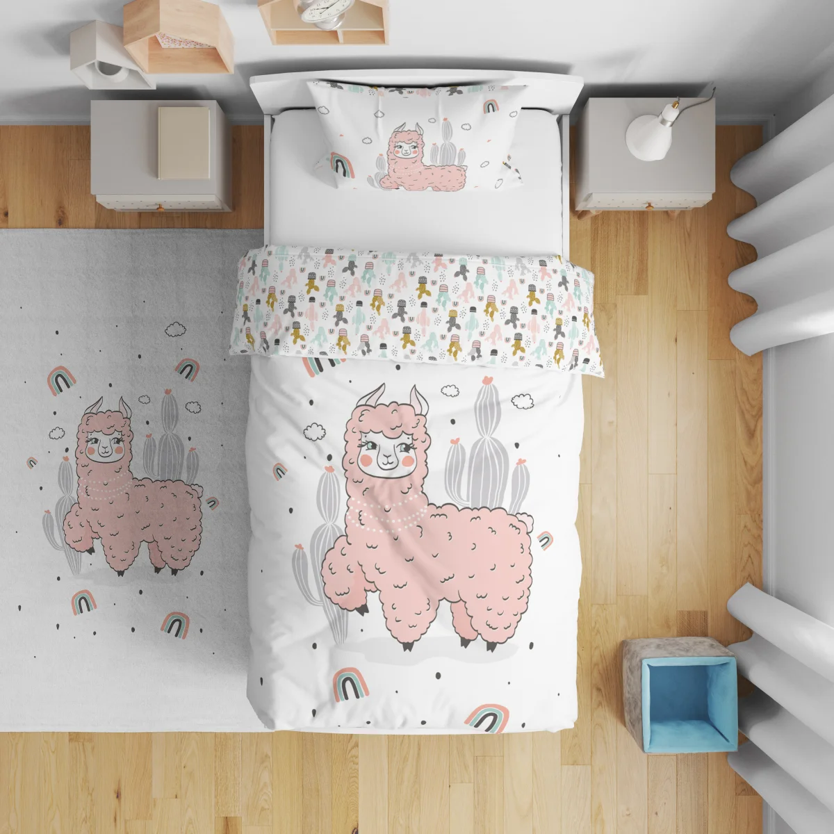 Lama Çift Taraflı Nevresim | Açık Mavi Gökkuşağı, bulutlar Desenli