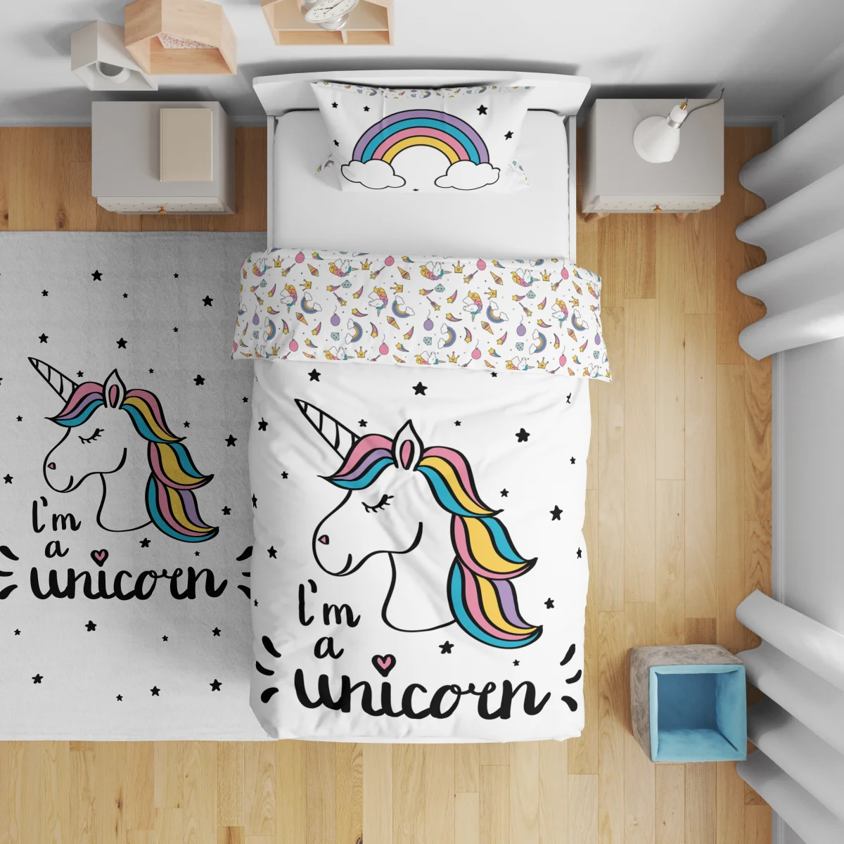 Vintage araba Çift Taraflı Nevresim | Mavi Vintage araba grafiği, tipografik yazılar Desenli