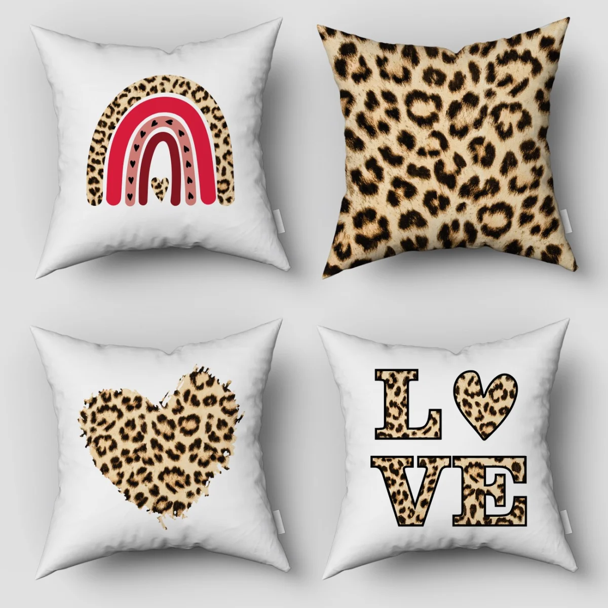 Leopar Deseni, Kalp 4lü Kırlent | Beyaz gökkuşağı, kalp Desenli