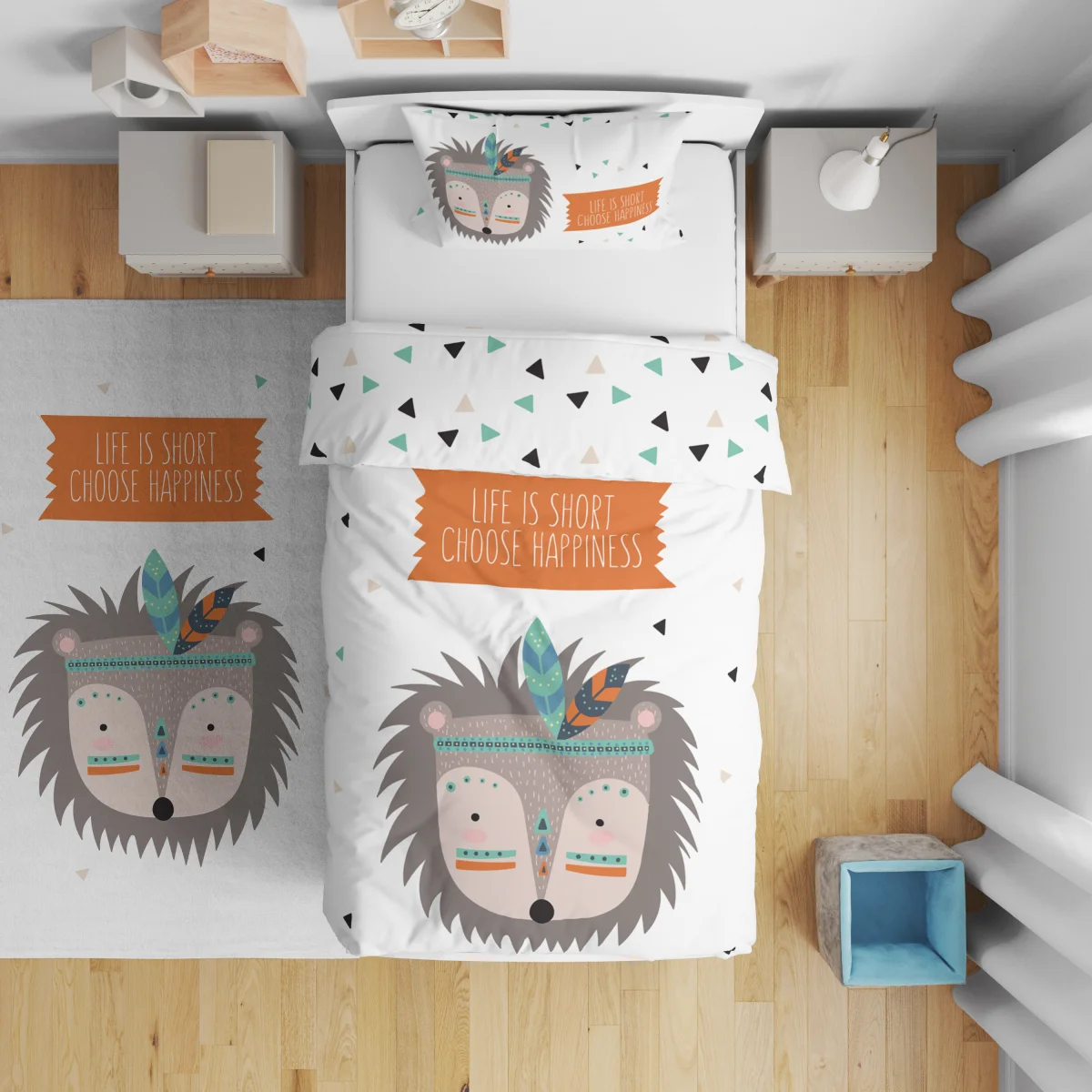 Genç kız karakteri Çift Taraflı Nevresim | Beyaz Genç kız illüstrasyonu, metin Desenli