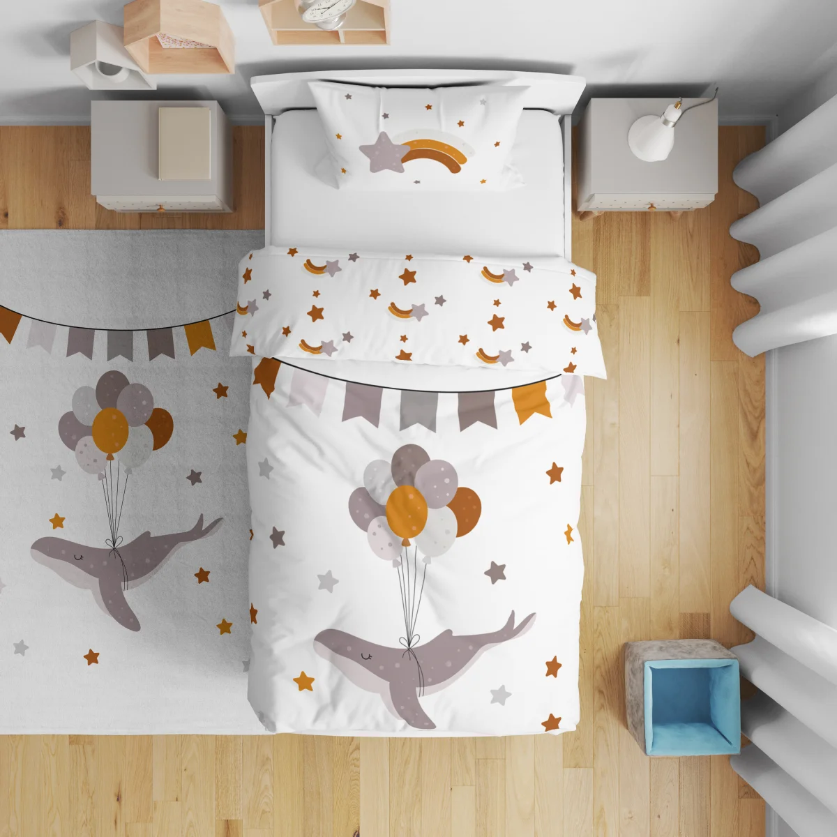 Kızılderili Başlıklı Ayı Çift Taraflı Nevresim | Beyaz Oklar, şeritler ve Free Spirit yazısı Desenli