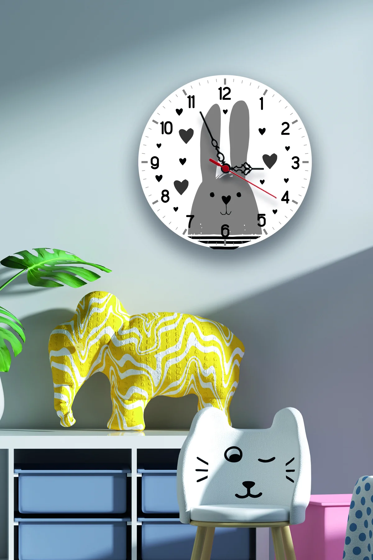 Tavşan Duvar Saati | Beyaz kalp Desenli