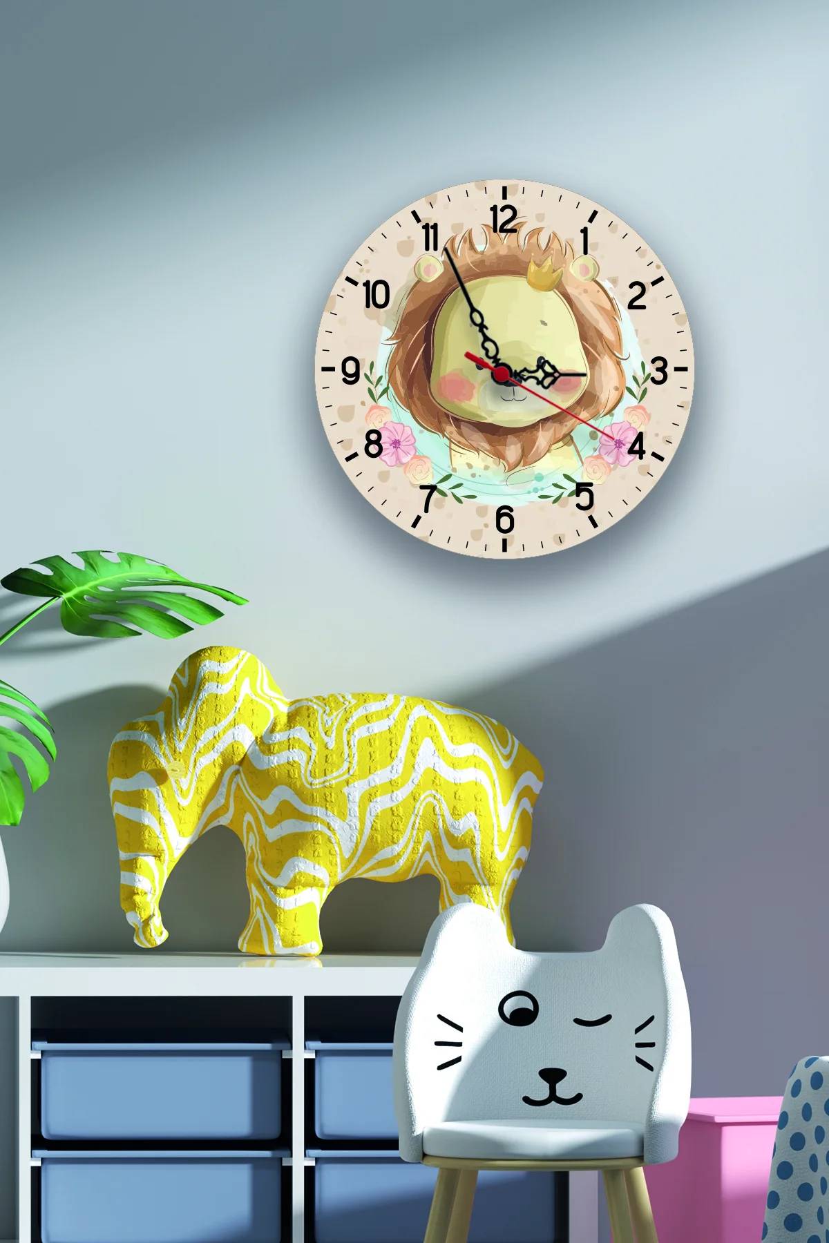 Aslan Duvar Saati | Bej küçük çiçekler, yapraklar Desenli