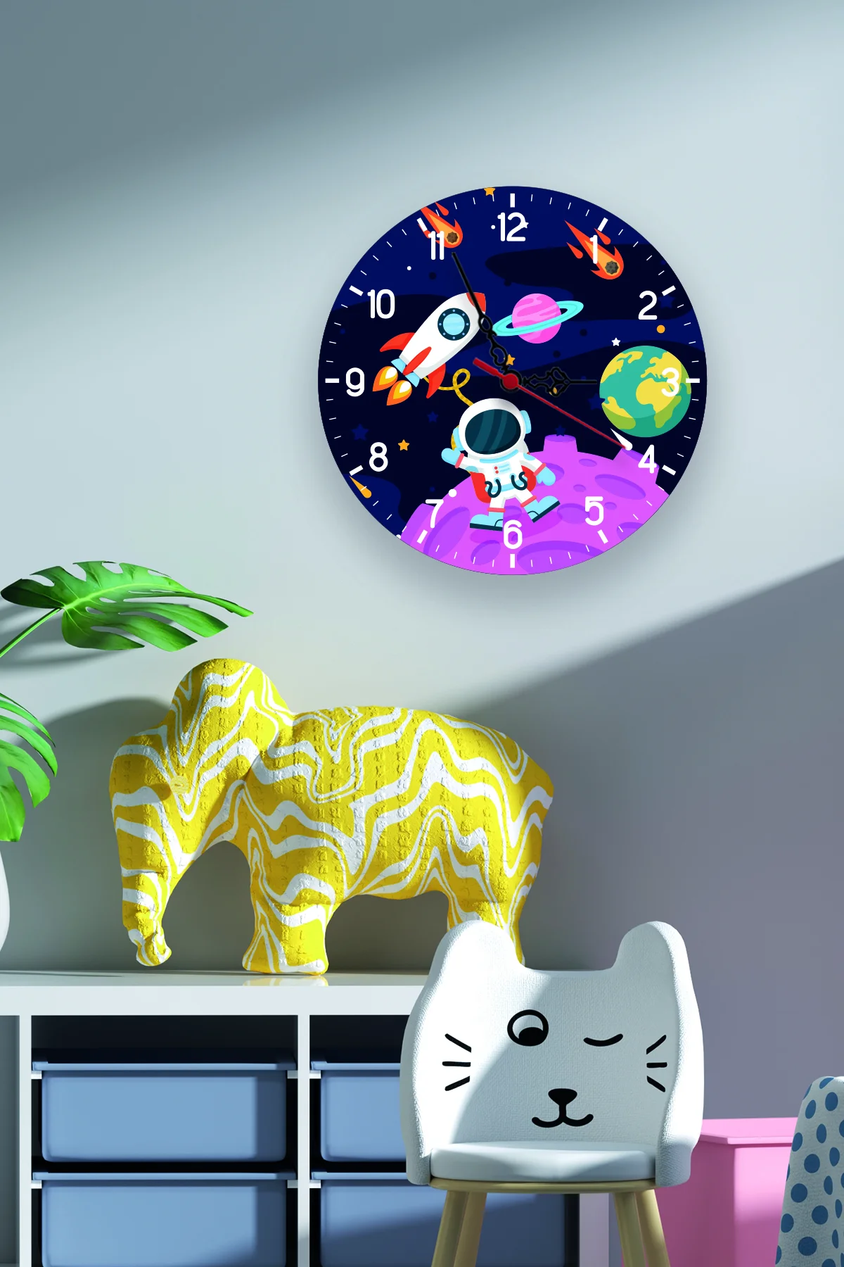 Uzay Duvar Saati | Lacivert roket, gezegenler Desenli
