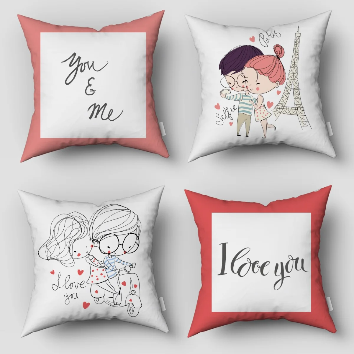 Sevgili çiftler 4lü Kırlent | Beyaz kalpler, Eyfel Kulesi Desenli