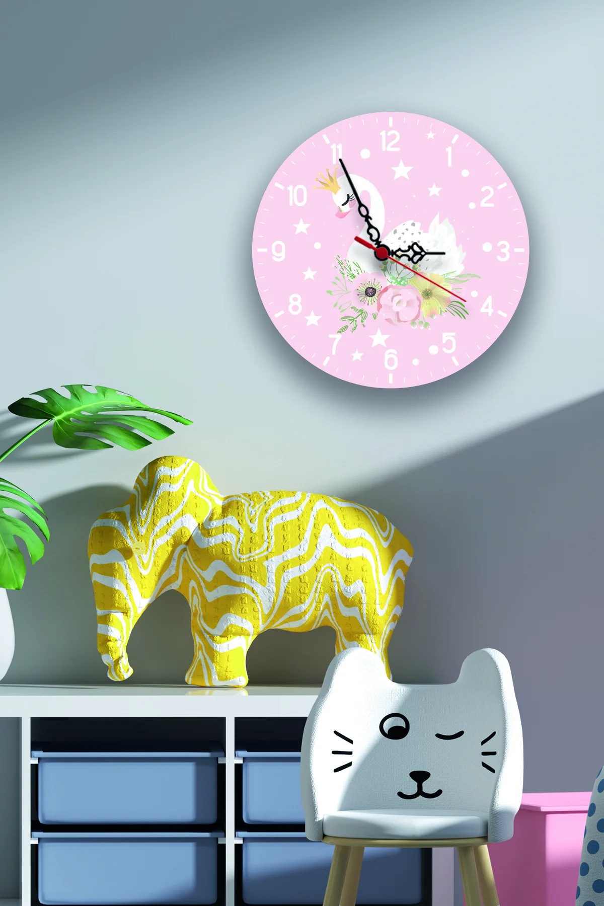 Soyut Yüzler ve Bitkiler Duvar Saati | Yeşil Soyut şekiller, çizgi sanatı ve renkli noktalar Desenli