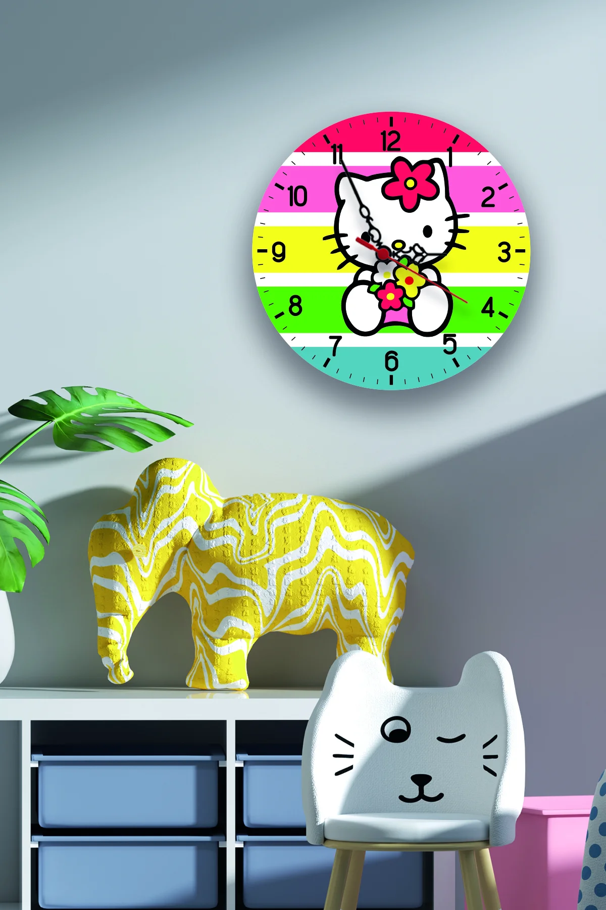Hello Kitty Duvar Saati | Çok renkli Gökkuşağı çizgileri, çiçekler Desenli