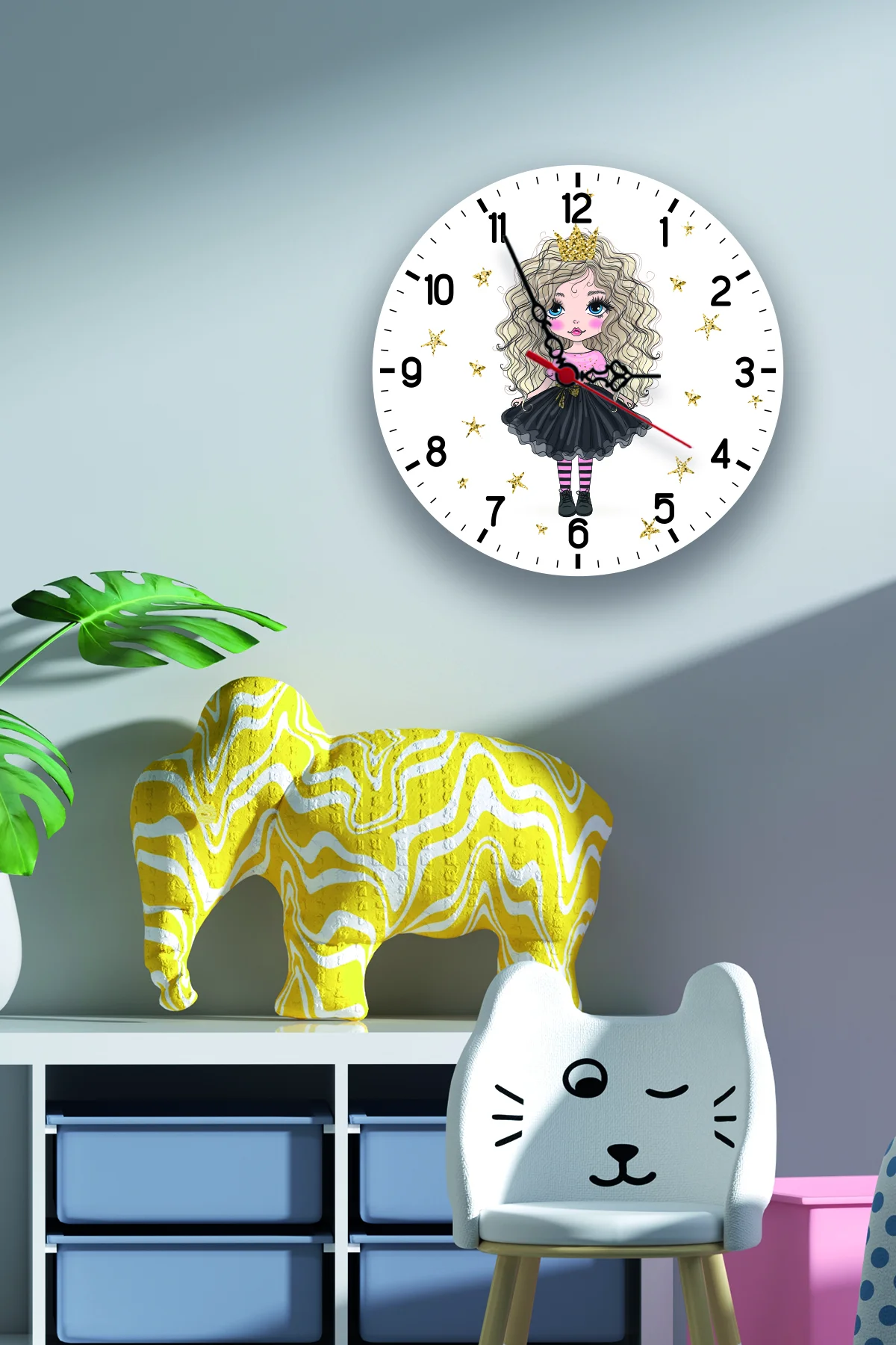 Prenses kız Duvar Saati | Beyaz Altın yıldızlar Desenli