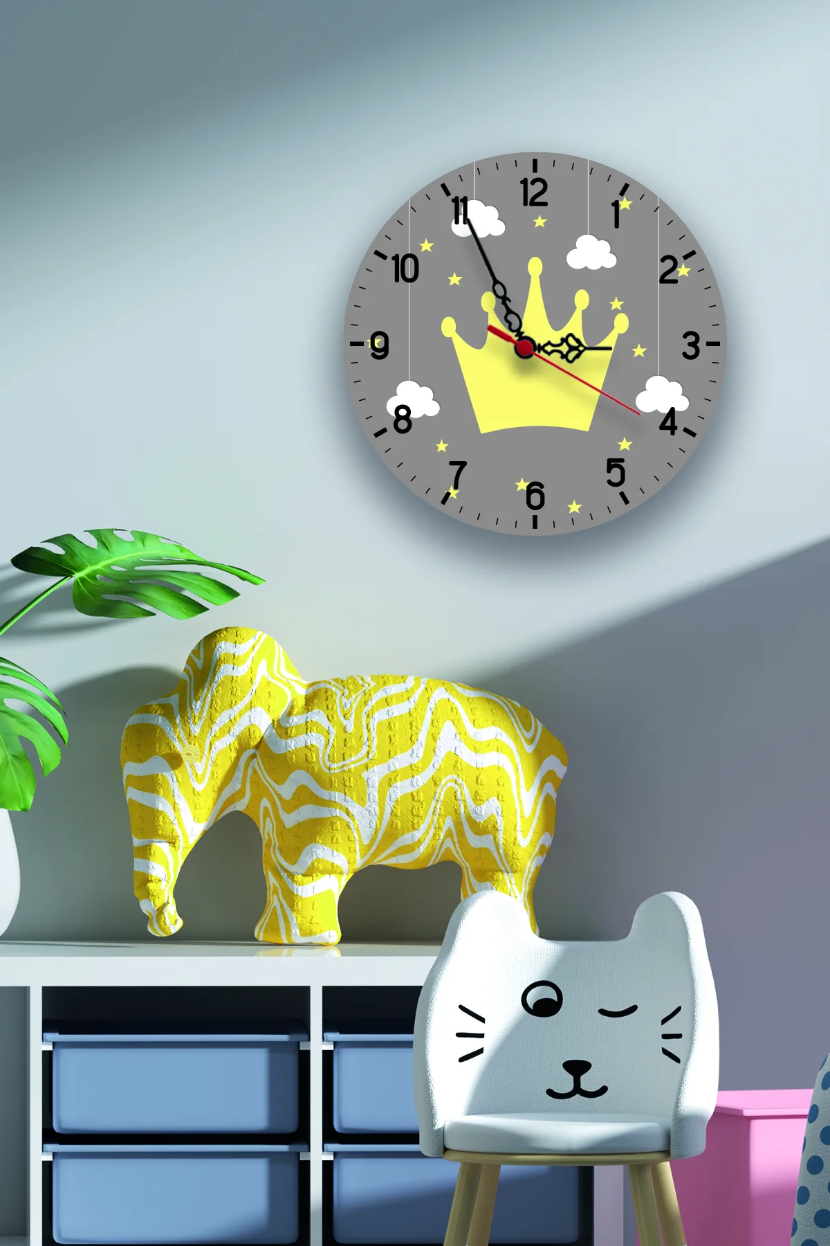 Taç Duvar Saati | Gri Bulutlar, yıldızlar Desenli