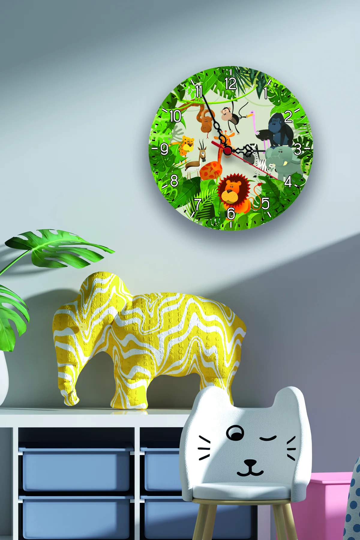 Orman Hayvanları Duvar Saati | Yeşil tropikal yapraklar Desenli