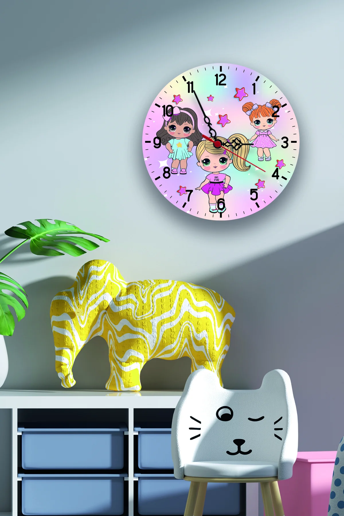Kız bebekler Duvar Saati | Çok renkli yıldız, gökkuşağı Desenli