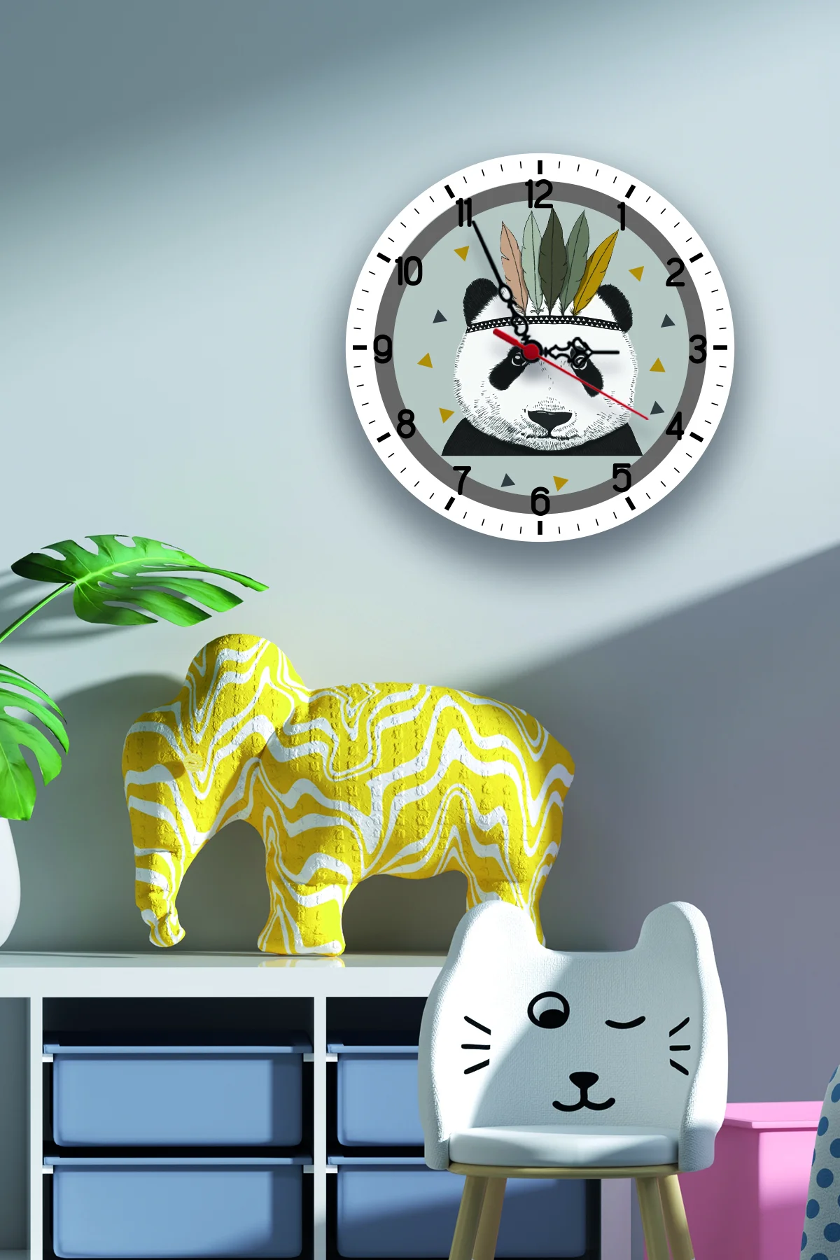 Zürafa ve araba Duvar Saati | Krem Yıldız, yol Desenli