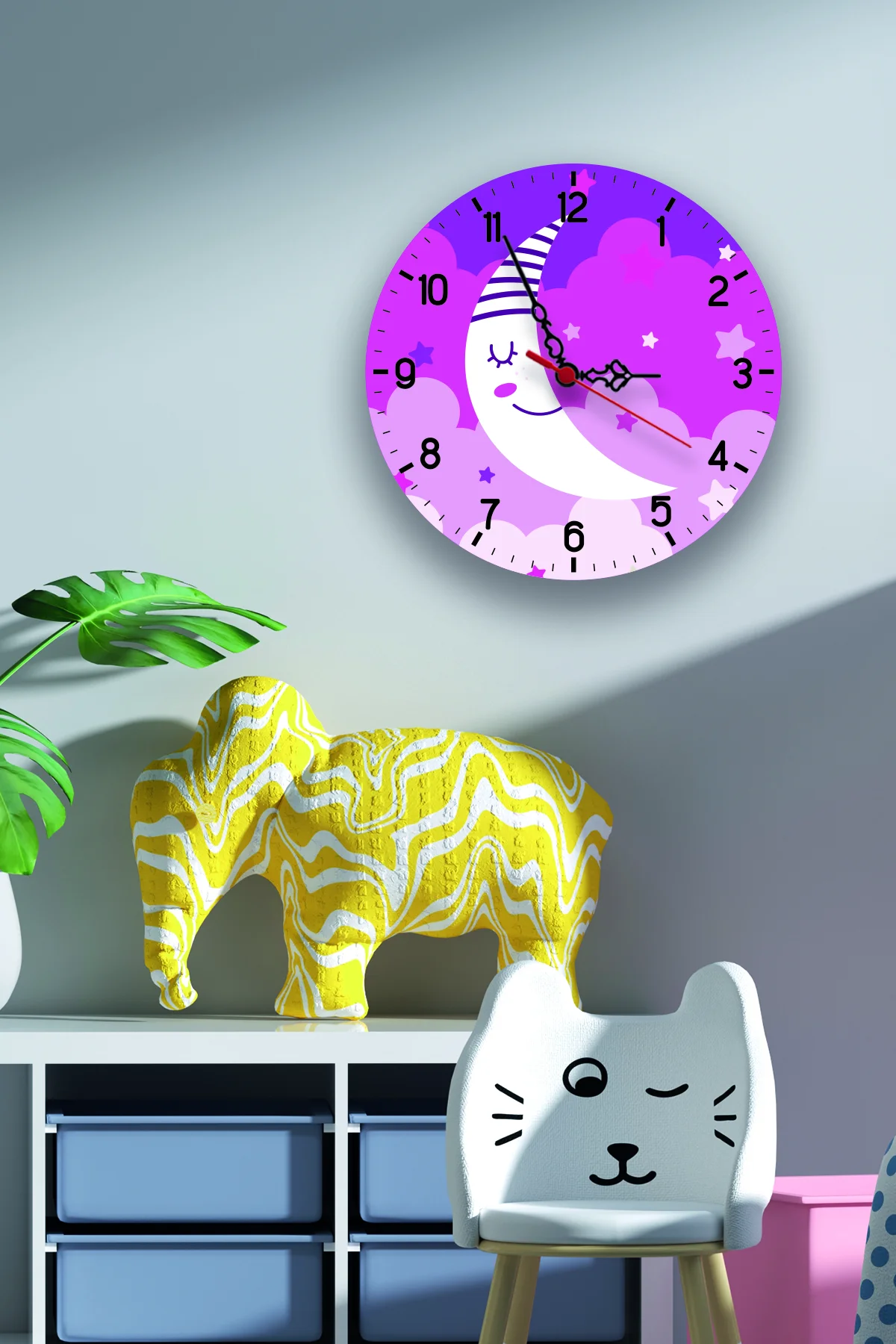 Uyuyan Ay Duvar Saati | Pembe bulut, yıldızlar Desenli