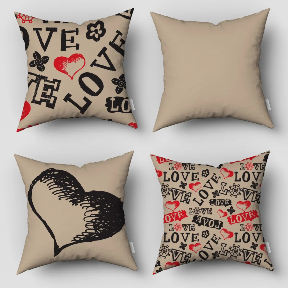 Kalp, Aşk 4lü Kırlent | Bej kalp, love yazısı Desenli