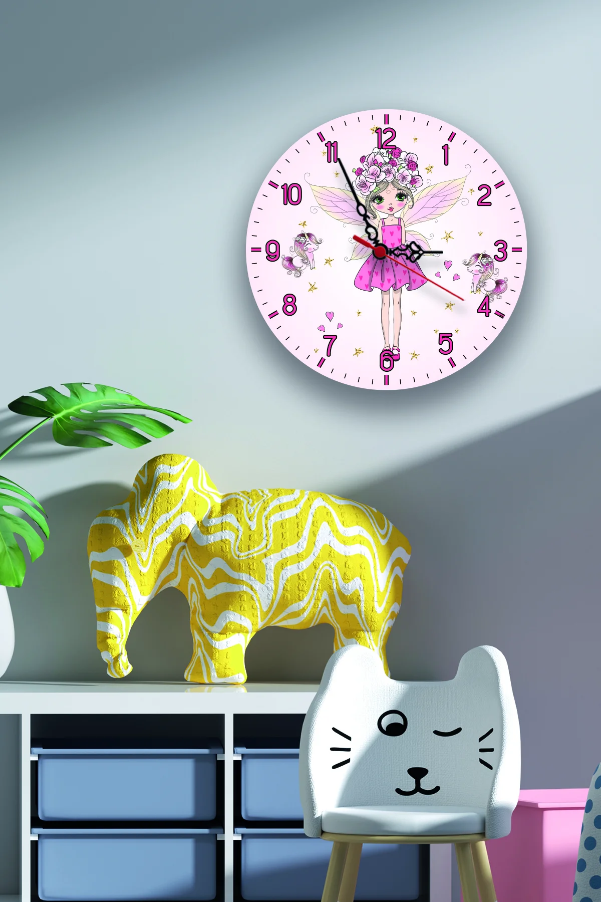 Peri Kız Duvar Saati | Pembe Yıldızlar, kalpler Desenli