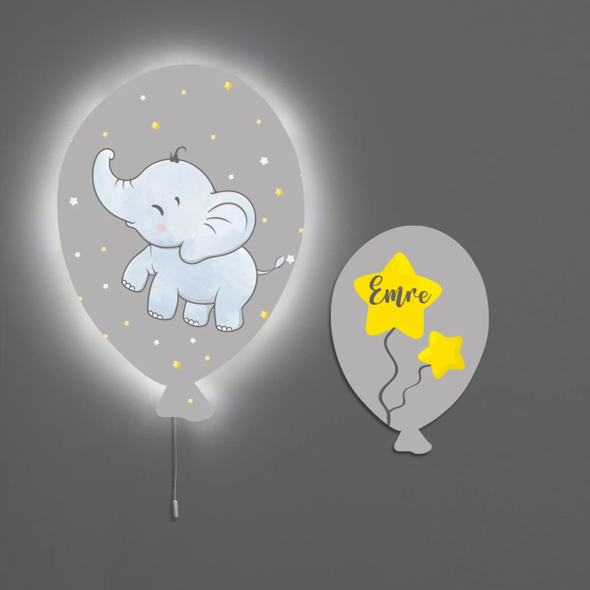 Fil Balon Avize | Gri yıldızlar, yıldız balonlar Desenli