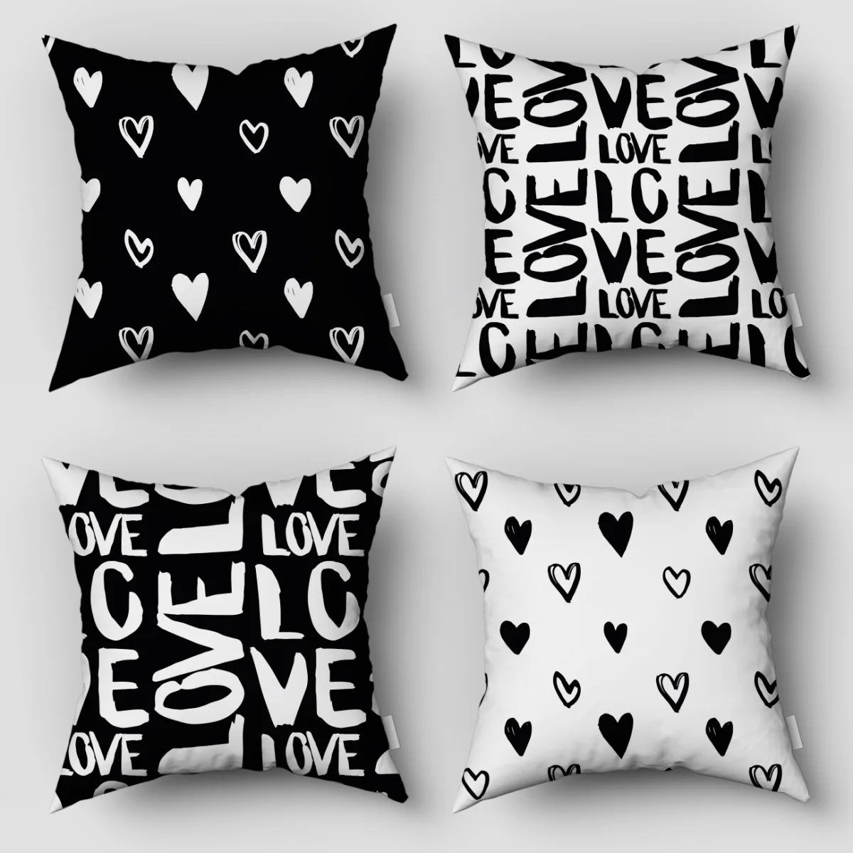 Aşk 4lü Kırlent | Siyah ve Beyaz El çizimi kalpler ve fırça darbeli LOVE yazısı Desenli