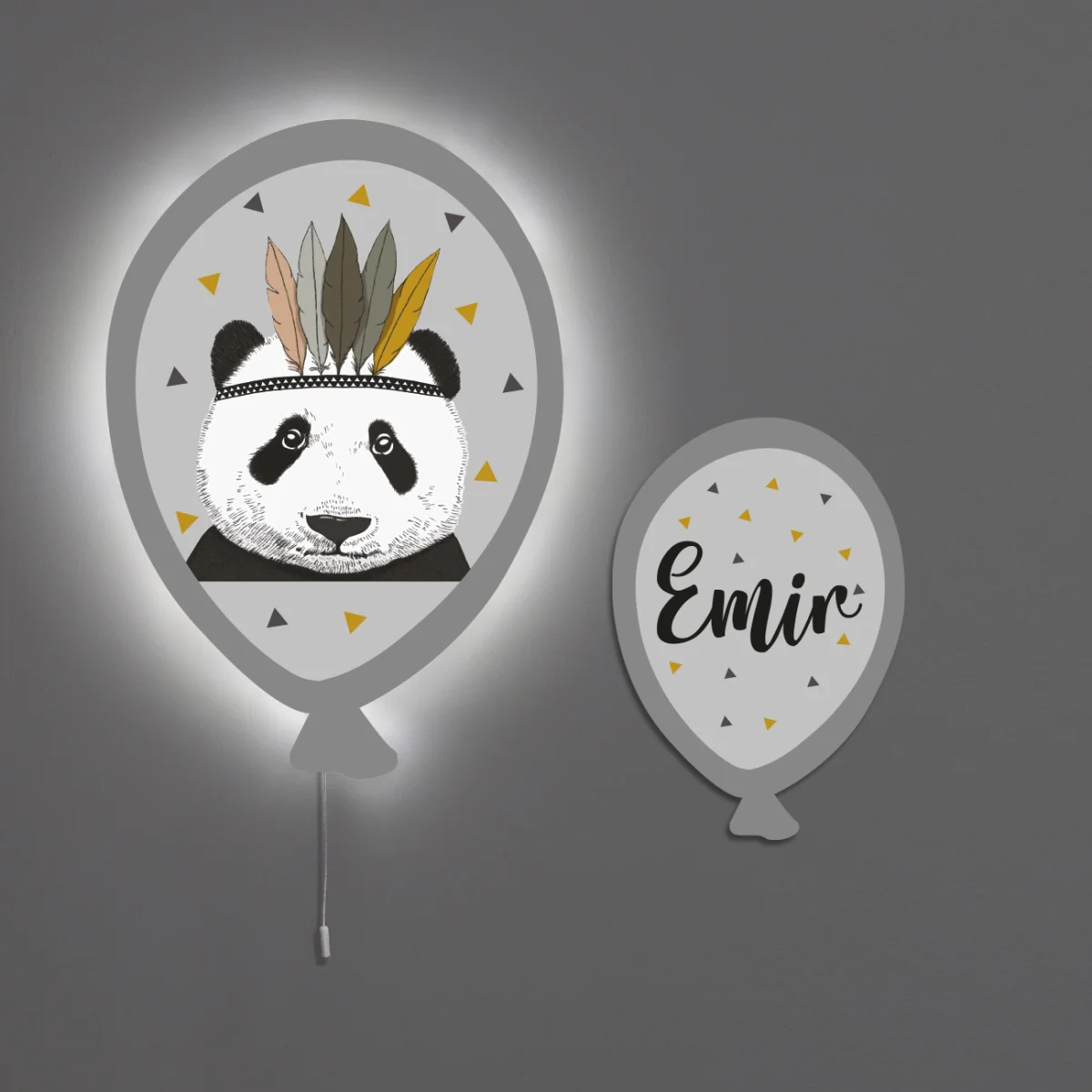 Panda Balon Avize | Gri tüylü taç, sarı ve gri üçgenler Desenli