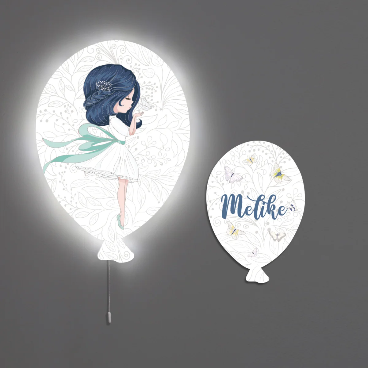 Kız, kelebekler Balon Avize | Beyaz Kelebekler, floral desen Desenli