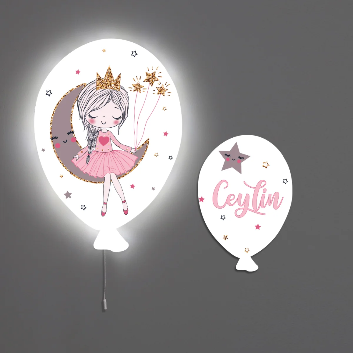 Rüya temalı kız Balon Avize | Beyaz Ay, yıldızlar Desenli