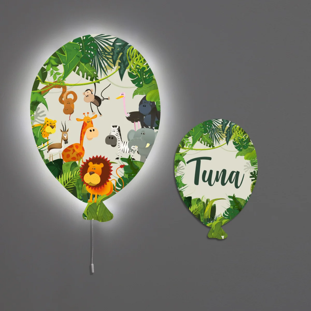 Orman Hayvanları Balon Avize | Açık Gri yeşil yapraklar ve sarmaşıklar Desenli