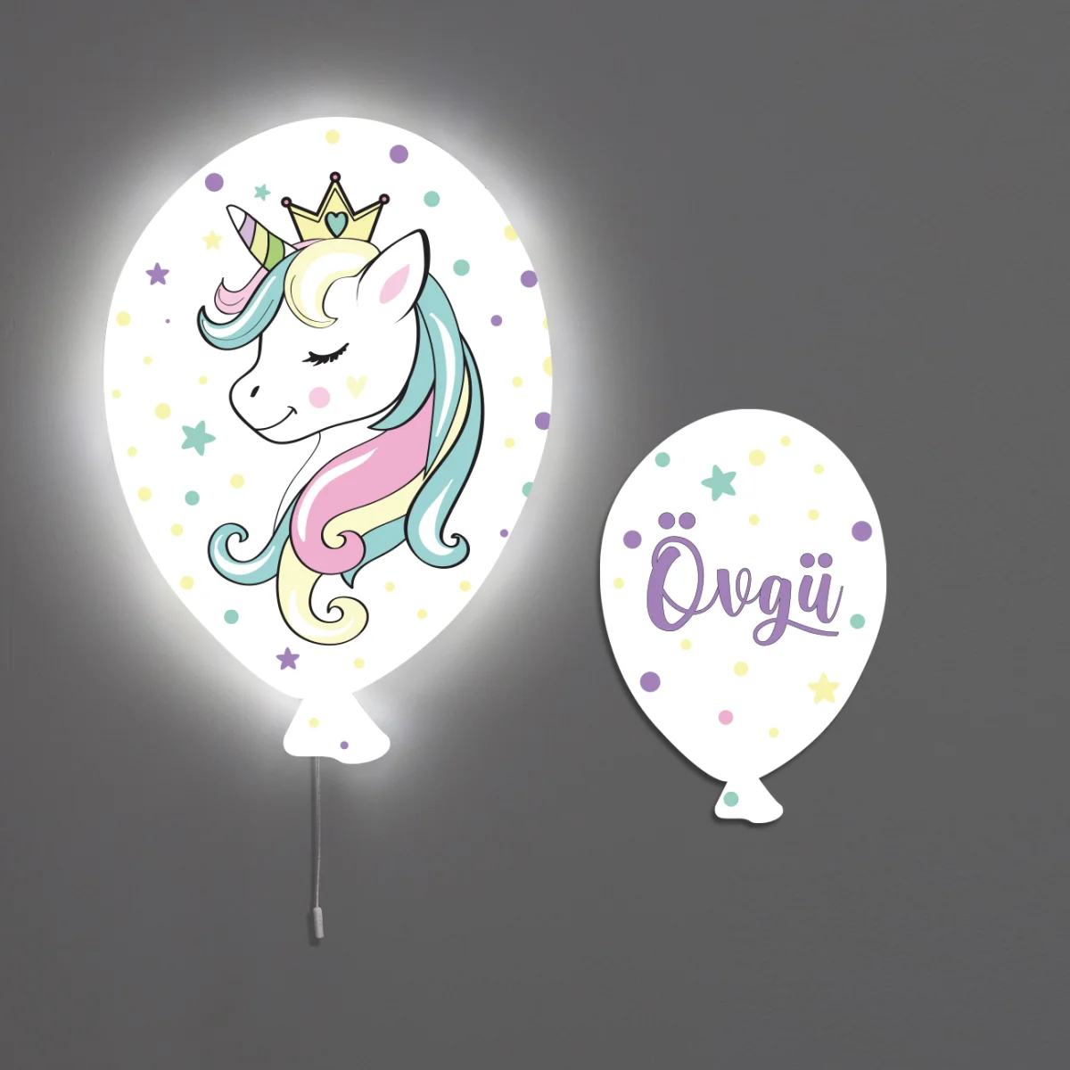 Unicorn Balon Avize | Beyaz yıldızlar, renkli puantiyeler Desenli