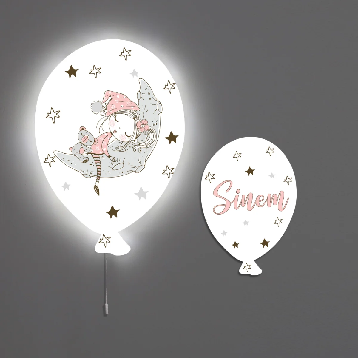 Uyuyan kız ve ay Balon Avize | Beyaz yıldızlar, ay Desenli