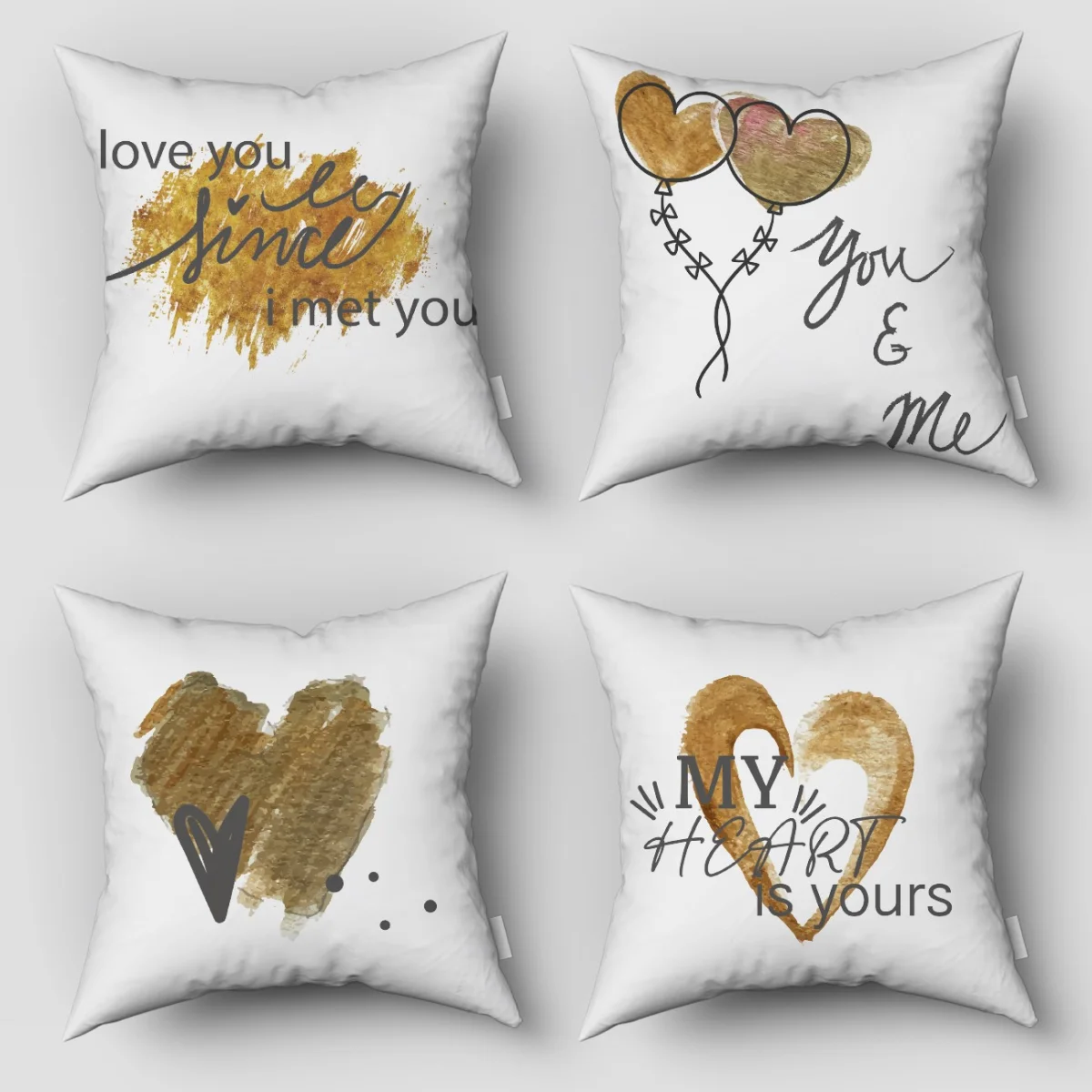 Aşk Temalı 4lü Kırlent | Beyaz Kalp figürleri, altın fırça darbeleri Desenli