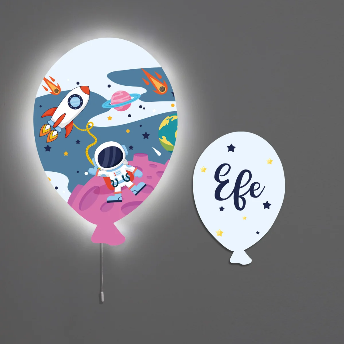 Uzay Balon Avize | Açık Mavi Astronot, roket Desenli