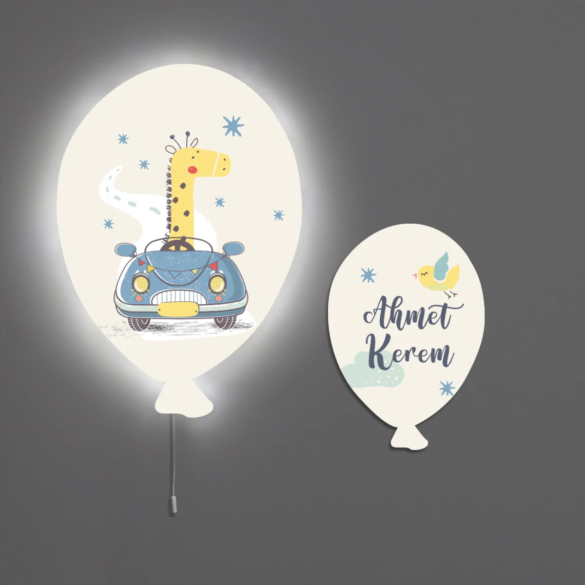 Zürafa ve araba Balon Avize | Krem yıldızlar, bulutlar Desenli