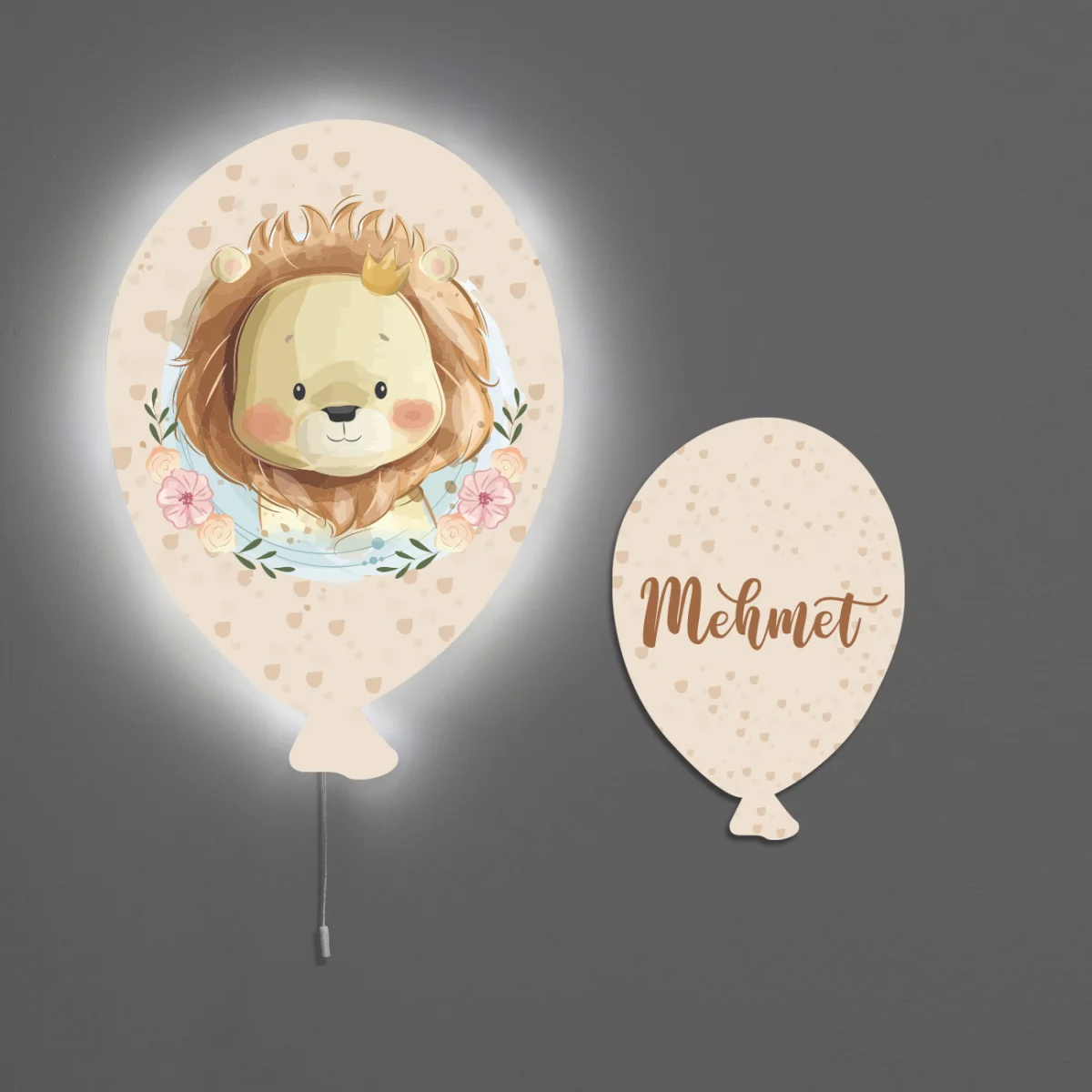 Orman Hayvanları Balon Avize | Bej kalpler, çiçekler Desenli